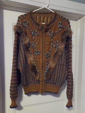 Embellished Brown Knit Zip Up Sweater with Fur Trim.